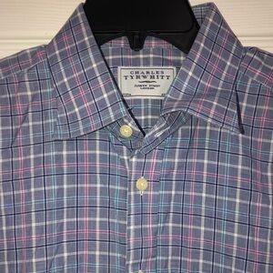 Charles Tyrwhitt Mens blue pink plaid button down shirt size 17 37 high low